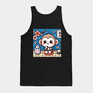 Cute Little Flower Monkey Drinking Tea and Eating Ice Cream Japanese Classic Art Tank Top